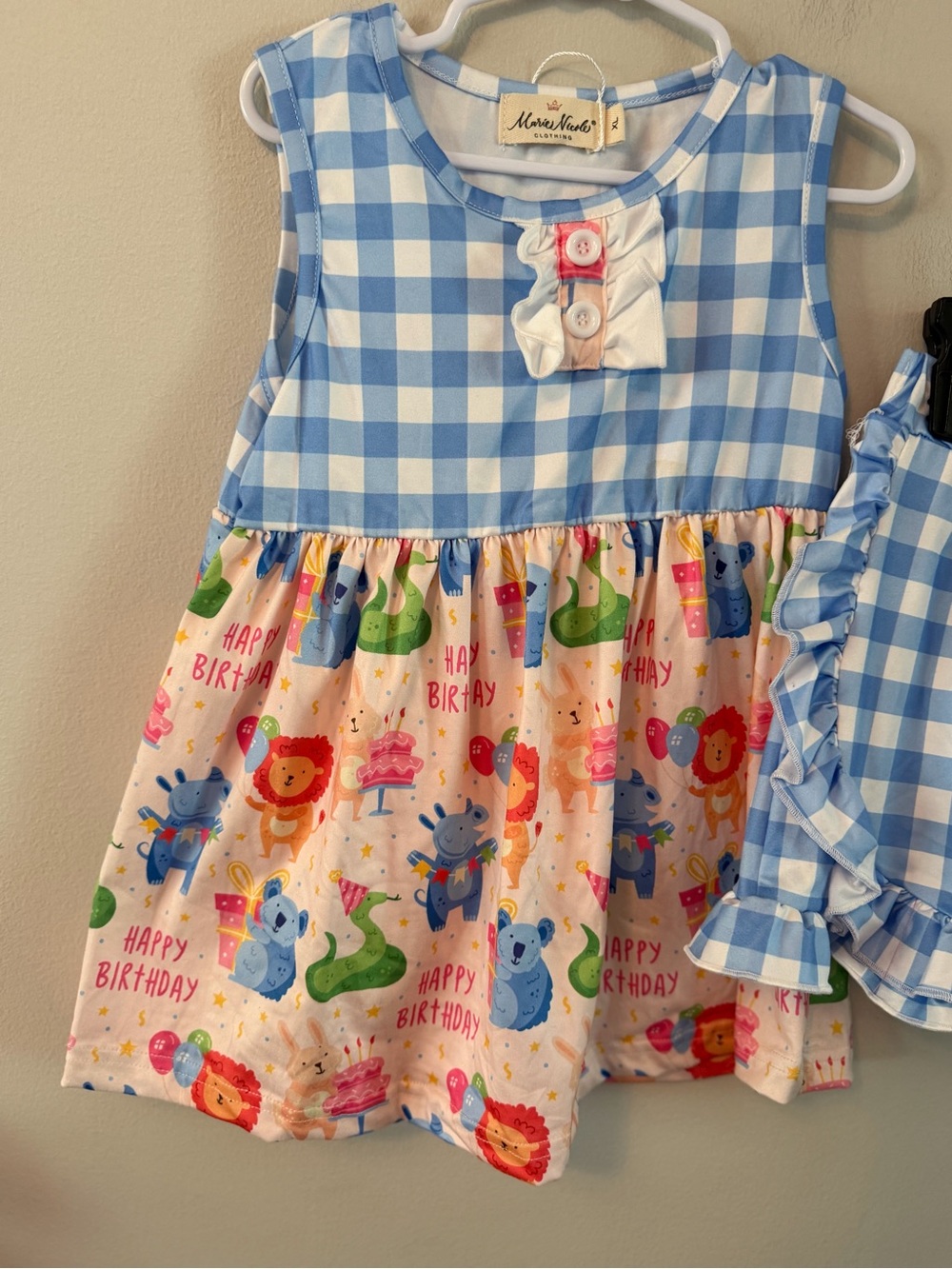 Marie Nicole Blue Gingham Birthday Dress & Ruffle Shorts Set - Picture 2 of 6